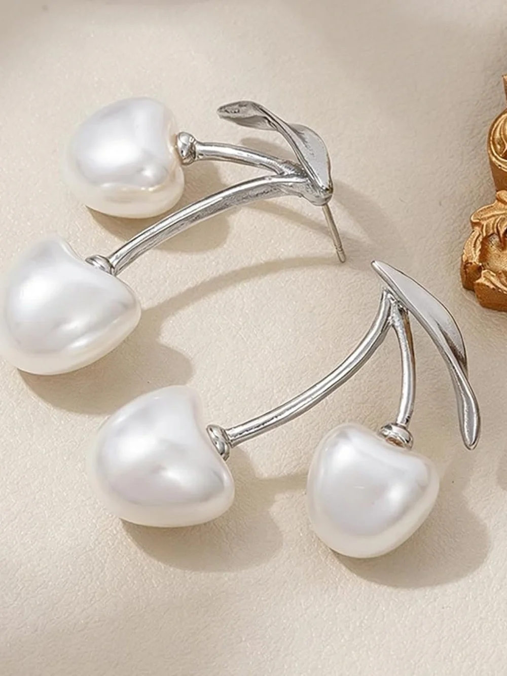 Anthropologie Silver Cherry Pearl Drop Earrings - White & Silver